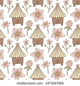Seamless pattern of the hive and flowers. Vector illustration.