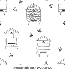 Seamless pattern with hives, bees, flowers. Linear hand drawn vector illustration is perfect for honey design, beekeeper branding, wallpaper, background, wrapping paper, fabric textile, label