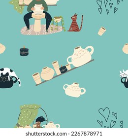 Seamless pattern, hobby theme wrapping paper, free time, pottery, clay pots, modeling, domestic cats watching the potter's wheel, cartoon characters vector illustration.