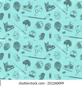 Seamless pattern with hockey equipment - made in dual color, muted tones. Helmets, sticks, gloves, skates, pucks, goalie masks. Ice texture grouped and can be easily removed.