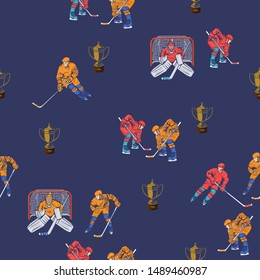 Seamless pattern with hockey players and cups. Vectorimage.