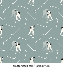 Seamless pattern with hockey players. Dynamic attack movement, fight for the puck. Sports vector illustration. Blue-gray background. Used for printing on paper, fabric, prints, packaging, wallpaper. 