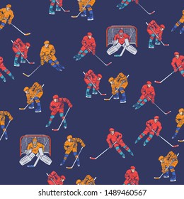 Seamless pattern with hockey players. Vector image.