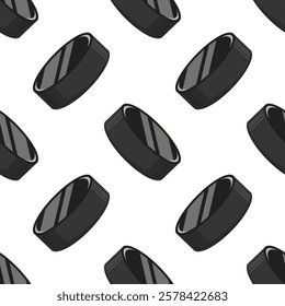 Seamless pattern with hockey pucks. Equipment for playing ice hockey. Isolated сute cartoon hockey puck. Clipart. Vector illustration.   