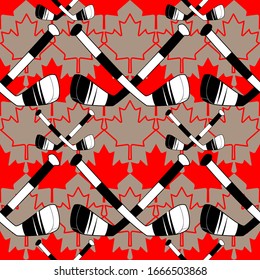 Seamless pattern with hockey sticks   on a background with maple leaves. 
