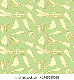 Seamless pattern with hoes. Hand drawn outline vector background and texture in doodle style, isolated. Gardening tools for working in the garden, on the farm, in the dacha, country site