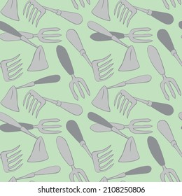 Seamless pattern with hoes. Hand drawn outline vector background and texture in doodle style, isolated. Gardening tools for working in the garden, on the farm, in the dacha, country site