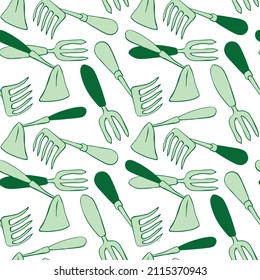 Seamless pattern with hoes. Hand drawn outline vector background and texture in doodle style, isolated. Gardening tools for working in the garden, on the farm, in the dacha, country site.