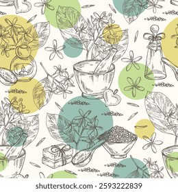 Seamless pattern holarrhena pubescens: holarrhena pubescens plant, leaves and holarrhena pubescens flowers. Oil, soap and bath salt. Cosmetics and medical plant. Vector