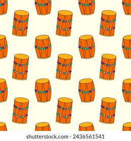Seamless Pattern with Holi Drums Dhol elements. Design for celebration of Indian festival of love and color. Vector flat illustration.
