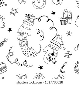 Seamless pattern for the holiday 2020. Hand drawn vector illustration in scandinavian style. Winter, Christmas and New Year elements for greeting cards, posters, stickers and seasonal design.