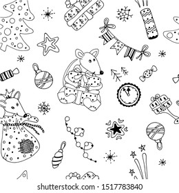 Seamless pattern for the holiday 2020. Hand drawn vector illustration in scandinavian style. Winter, Christmas and New Year elements for greeting cards, posters, stickers and seasonal design.