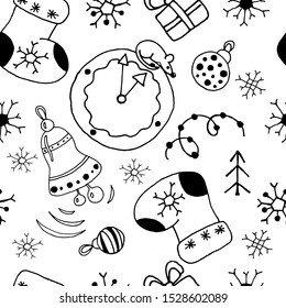Seamless pattern for the holiday 2020. Hand drawn vector illustration in scandinavian style. Winter, Christmas and New Year elements for greeting cards, posters, stickers and seasonal design.