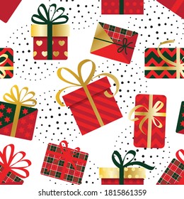 seamless pattern of holiday boxes on a white background. classic colors for Christmas: red, green, gold. stock vector illustration. EPS 10.