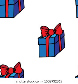 Seamless pattern for the holiday. Bright gift box on a white background. Drawn by hand. Holiday design for greeting card, banner, fabric, gift paper.