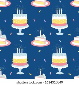  Sweet seamless pattern, holiday cake with candles. Happy Birthday. Print for wrapping, fabric, wallpaper, textile on blue background.