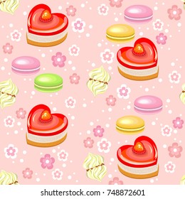 Seamless pattern. Holiday cakes in the form of heart, strawberry, marshmallows and flowers. Suitable as a gift wrapping for Valentine's Day. Creates a festive mood. Vector illustration.
