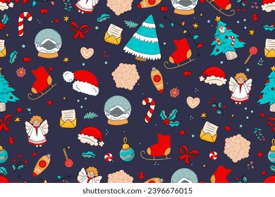 Seamless pattern, holiday, Christmas, New Year, trees, garlands, cookies, toys, skates, illustration, celebration, christmas, decoration, seamless pattern, vector, tree, winter, new year, santa claus,