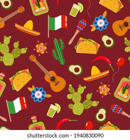 Seamless pattern for the holiday Cinco de mayo. Drawn flat illustrations. Design for fabric, textile, wallpaper, packaging.