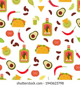Seamless pattern for the holiday Cinco de mayo. Tequila, burrito, chili pepper, avocado, tomato, nachos.	