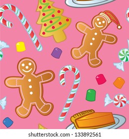 A seamless pattern of holiday cookies, candy and other sweet confections.