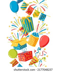 Seamless pattern with holiday decoration items. Color objects for celebration and anniversary.