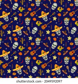 Seamless pattern for the holiday of Dia De Los Muertos. Design for fabric, textile, wallpaper, packaging.