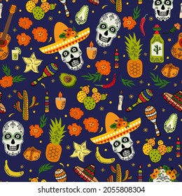 Seamless pattern for the holiday of Dia De Los Muertos. Design for fabric, textile, wallpaper, packaging.