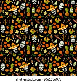 Seamless pattern for the holiday of Dia De Los Muertos. Design for fabric, textile, wallpaper, packaging.	