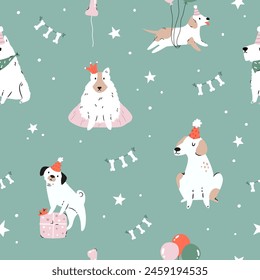 Seamless pattern with holiday dogs and Birthday decorations. Illustration for textile, print, wrapping paper, gift boxes