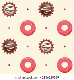 Seamless pattern for a holiday with donuts and chocolate. Vector illustration.