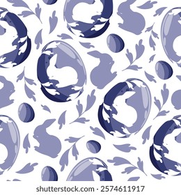 seamless pattern for the holiday of Easter with purple Easter eggs with a shadow of a rabbit on it that is washed and a shadow of a rabbit and purple leaves arranged randomly