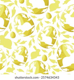 seamless pattern for the holiday of Easter with yellow Easter eggs with the shadow of a sitting rabbit and the shadow of a rabbit and yellow leaves arranged randomly