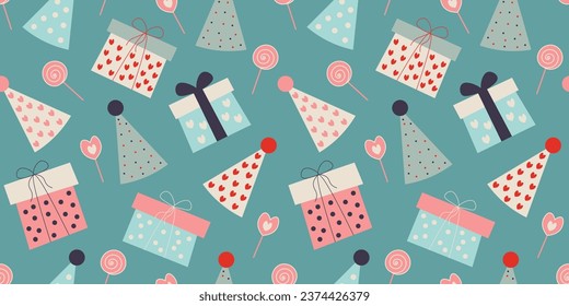 Seamless pattern with holiday elements. Christmas gifts, party hats, lollipops isolated on blue background.