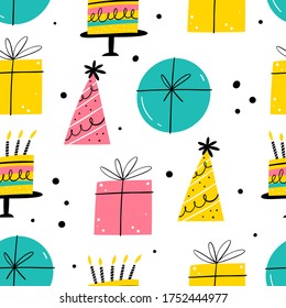 Seamless pattern with holiday elements. Hand drawn birthday print. Vector illustration