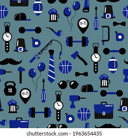 Seamless pattern for the holiday Father's Day. Glasses, watches, ball, tie, gumballs, tools, mustache, fishing rod, hat. Flat style.