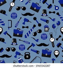 Seamless pattern for the holiday Father's Day. Glasses, watches, ball, tie, gumballs, tools, mustache, fishing rod, hat. Flat style.	