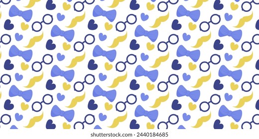 Seamless pattern for the holiday Father's Day with bow tie mustache, glasses, and hearts. The pattern is great for pockets, dishes, clothes, stickers, and decoration notebooks or packaging.