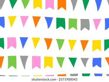 Seamless pattern for holiday. Festive flags garland in cute rainbow colors. Celebration flags for holiday decor. Triangle pennants chain. Party decoration. Festive flag seamless garlands