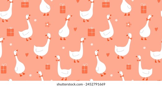 Patrón sin fisuras con gansos de vacaciones, cajas de regalo, corazones, flores. Estampado de saludo Abstractas con pájaros para embalaje, tela. Vector gráfico.