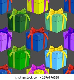 seamless pattern, holiday gift boxes in bright colors, wallpaper and fabric ornament, wrapping paper