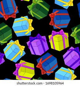 diseño transparente, cajas de regalo de vacaciones en colores brillantes, papel pintado y adorno de tela, papel envolvente