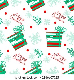 A seamless pattern of holiday gifts and snowflakes. Hand-drawn doodles in a flat style. The traditional color of Christmas is red with green. Winter. Holiday Wrapping. Vector simple illustration.