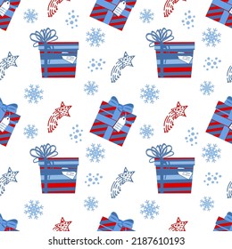 Un patrón sin fisuras de regalos vacacionales, copos de nieve y parches abstractos dibujados. Doodles dibujados a mano en un estilo plano. Navidad y Nochevieja. Invierno. Acondicionamiento de vacaciones. 