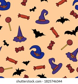 Seamless pattern for the holiday of Halloween. Bats, witch hat, candy. Design for fabric, packaging, wallpaper.