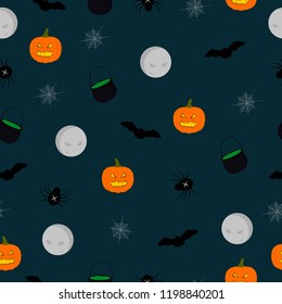 
Seamless pattern for the holiday of Halloween. Consists of a set of vector illustrations of the moon, spider, pumpkin, web, and other things.