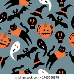 Seamless pattern for the holiday halloween of different characters such as skull, ghost, pumpkin, black cat and bat. Vector illustration 