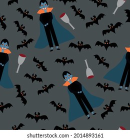 Seamless pattern for the holiday halloween. Dracula and the flying mice flying around him. Vector illustration 