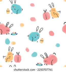 Seamless pattern for holiday Happy Easter. Watercolor bunnies with eggs. Bunny with gift and Easter egg. Cute Rabbit. Brush stroke. Multicolored handdrawn illustration for celebration. Greeting card. 