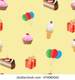 Seamless pattern for a holiday, ice cream, cake, balloons, gift